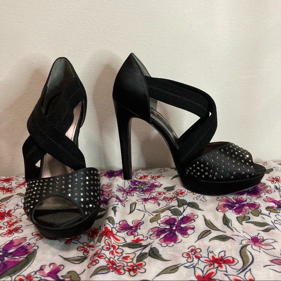 Nina New York Black Satin Rhinestone Platform Heels Thick Criss Cross Straps - Picture 7 of 12